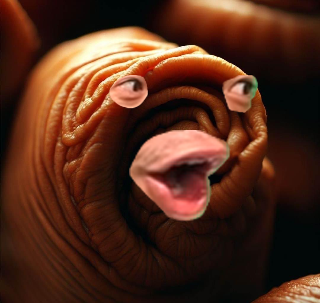 A disgusting image of a skin cinnamon roll, with the poggers face poorly photoshoped over top.